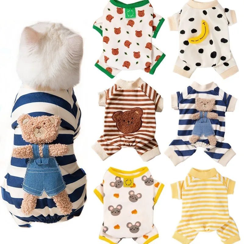 Thin Dog Clothes for Small Dogs Cute Bear Striped Dog Jumpsuit Pet Dog Coat Four Legs Dog Pajamas Kitten Puppy Sweatshirt Autumn - Asmota