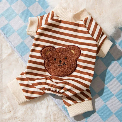 Thin Dog Clothes for Small Dogs Cute Bear Striped Dog Jumpsuit Pet Dog Coat Four Legs Dog Pajamas Kitten Puppy Sweatshirt Autumn - Asmota