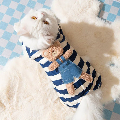 Thin Dog Clothes for Small Dogs Cute Bear Striped Dog Jumpsuit Pet Dog Coat Four Legs Dog Pajamas Kitten Puppy Sweatshirt Autumn - Asmota