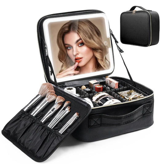 Travel Makeup Bag With LED Lighted Mirror, Makeup Train Case With Adjustable Dividers For Home,Gift,Vacation - Asmota