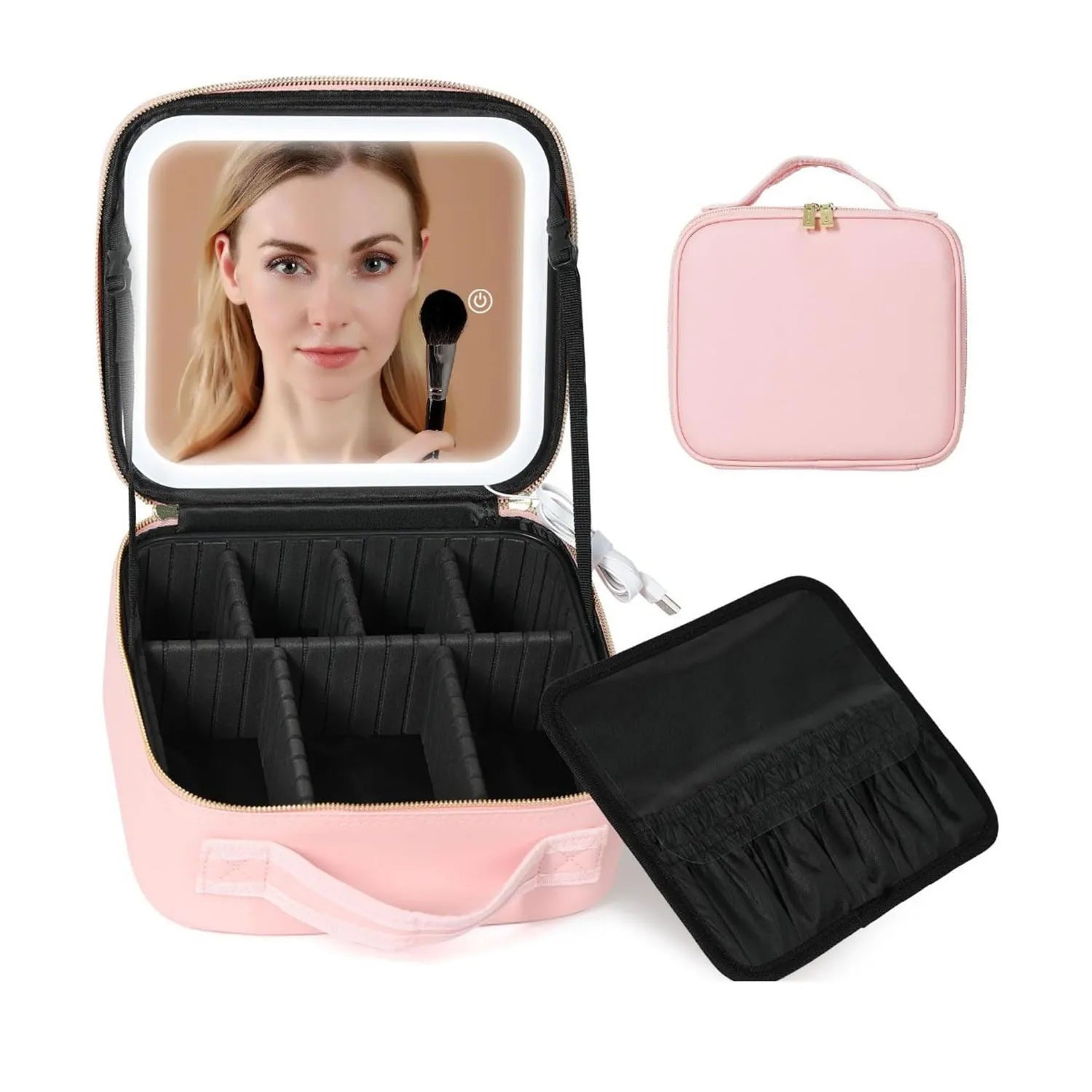 Travel Makeup Bag With LED Lighted Mirror, Makeup Train Case With Adjustable Dividers For Home,Gift,Vacation - Asmota