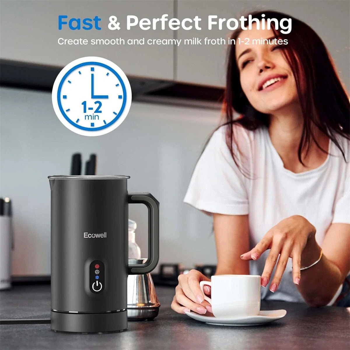 [US Direct] ECOWELL Milk Frother, Frother for Coffee 4 In 1, Milk Steamer Warm and Cold Foam Frother, Milk Steamer and Frother for Latte, Macchiato, Cappuccinos Silent Working 8.1oz/240 ml WMMF01 Black - Asmota