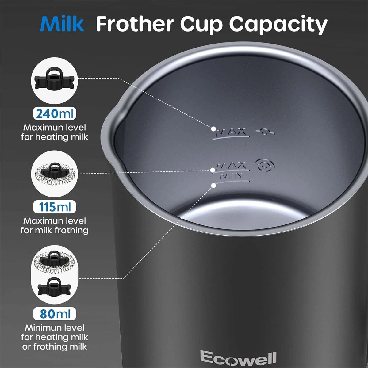 [US Direct] ECOWELL Milk Frother, Frother for Coffee 4 In 1, Milk Steamer Warm and Cold Foam Frother, Milk Steamer and Frother for Latte, Macchiato, Cappuccinos Silent Working 8.1oz/240 ml WMMF01 Black - Asmota