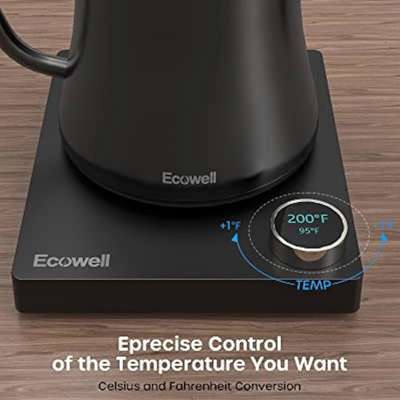 [US Direct] ECOWELL WMTS01 Gooseneck Electric Kettle, Gooseneck Kettle Electric Water Kettle Stainless Steel with Temperature Control, Pour Over Kettle for Coffee and Tea, 1200W Quick Heating, 0.8L, Matte Black - Asmota