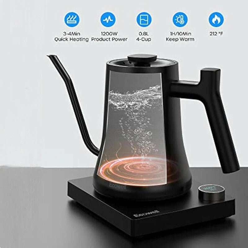 [US Direct] ECOWELL WMTS01 Gooseneck Electric Kettle, Gooseneck Kettle Electric Water Kettle Stainless Steel with Temperature Control, Pour Over Kettle for Coffee and Tea, 1200W Quick Heating, 0.8L, Matte Black - Asmota