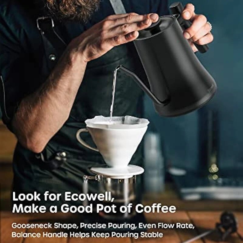 [US Direct] ECOWELL WMTS01 Gooseneck Electric Kettle, Gooseneck Kettle Electric Water Kettle Stainless Steel with Temperature Control, Pour Over Kettle for Coffee and Tea, 1200W Quick Heating, 0.8L, Matte Black - Asmota