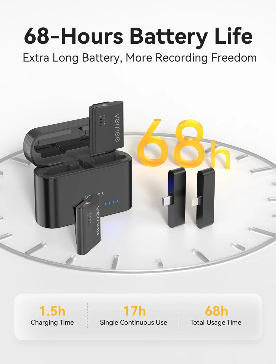 vernee M1 Wireless Lavalier Microphone with Charging Case Short Video Recording Mini Mic for iPhone/iPad/Android - Asmota