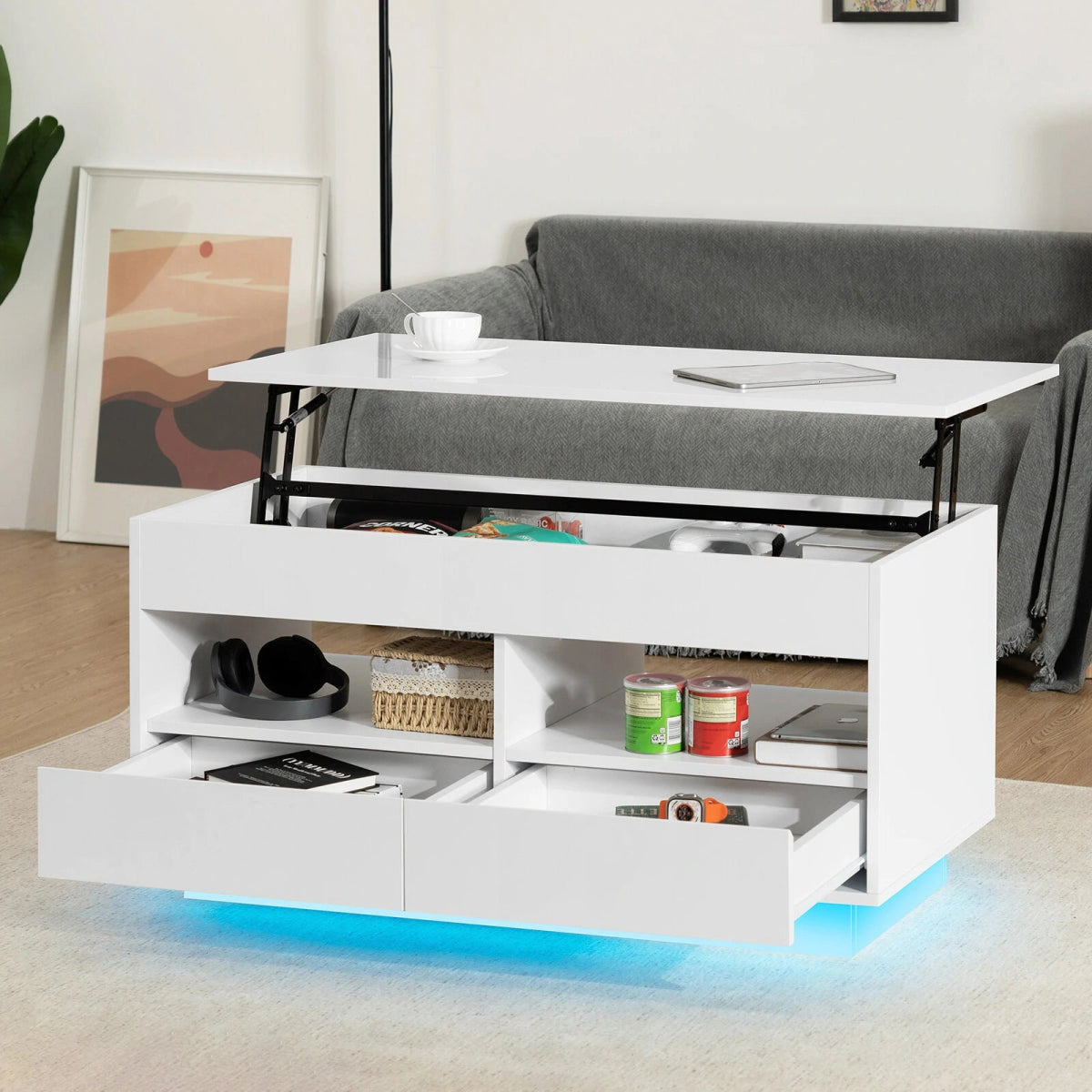 Versatile Lift Top Coffee Table with LED Lights High Gloss Surface Storage Compartment Drawers Adjustable Height P2 Grade Particle Board Strong 220 lbs Capacity Ideal for Living Room Office Bedroom - Asmota