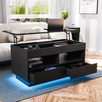 Versatile Lift Top Coffee Table with LED Lights High Gloss Surface Storage Compartment Drawers Adjustable Height P2 Grade Particle Board Strong 220 lbs Capacity Ideal for Living Room Office Bedroom