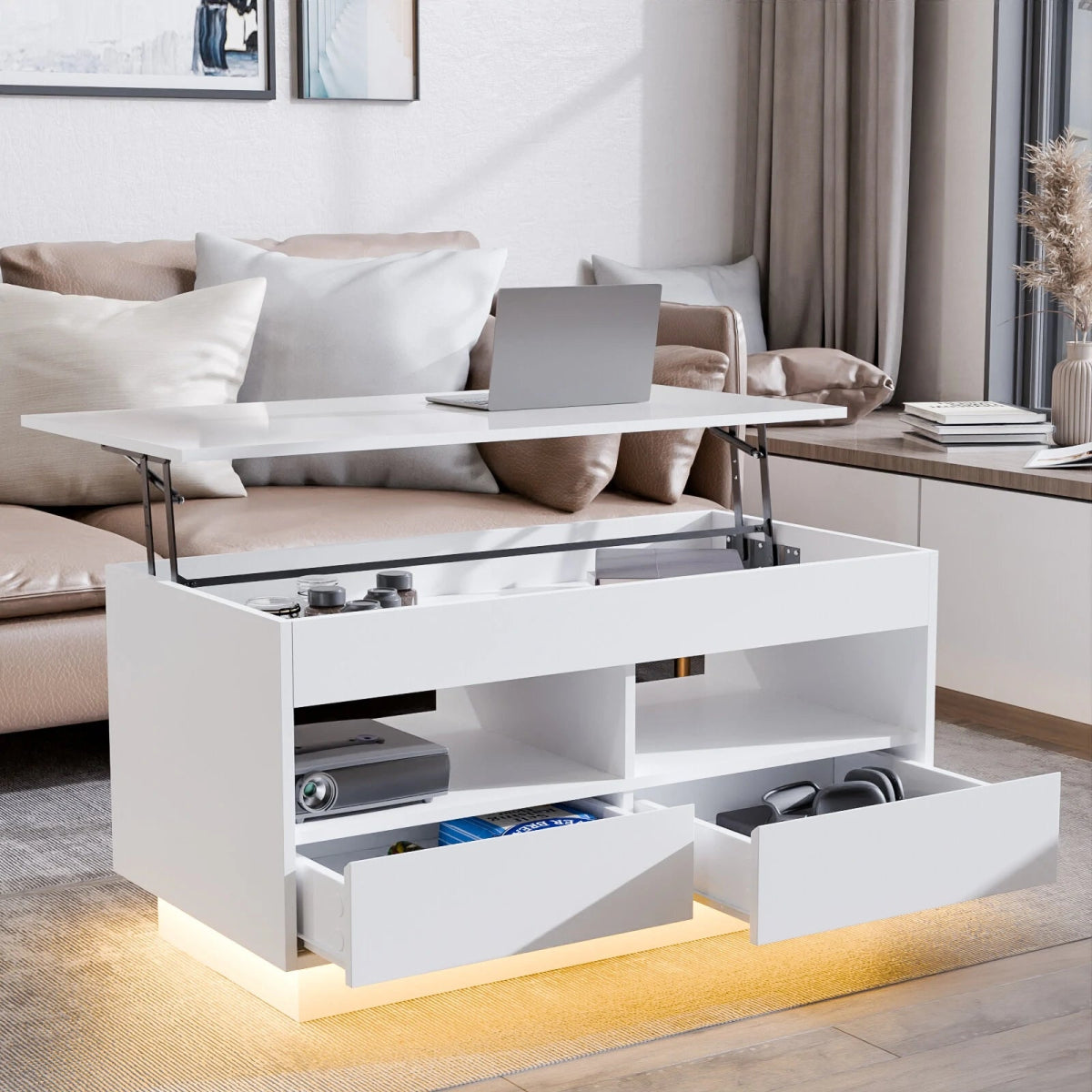 Versatile Lift Top Coffee Table with LED Lights High Gloss Surface Storage Compartment Drawers Adjustable Height P2 Grade Particle Board Strong 220 lbs Capacity Ideal for Living Room Office Bedroom - Asmota