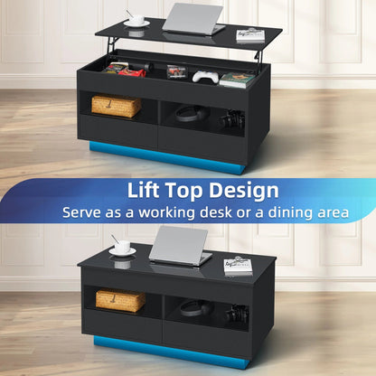 Versatile Lift Top Coffee Table with LED Lights High Gloss Surface Storage Compartment Drawers Adjustable Height P2 Grade Particle Board Strong 220 lbs Capacity Ideal for Living Room Office Bedroom - Asmota