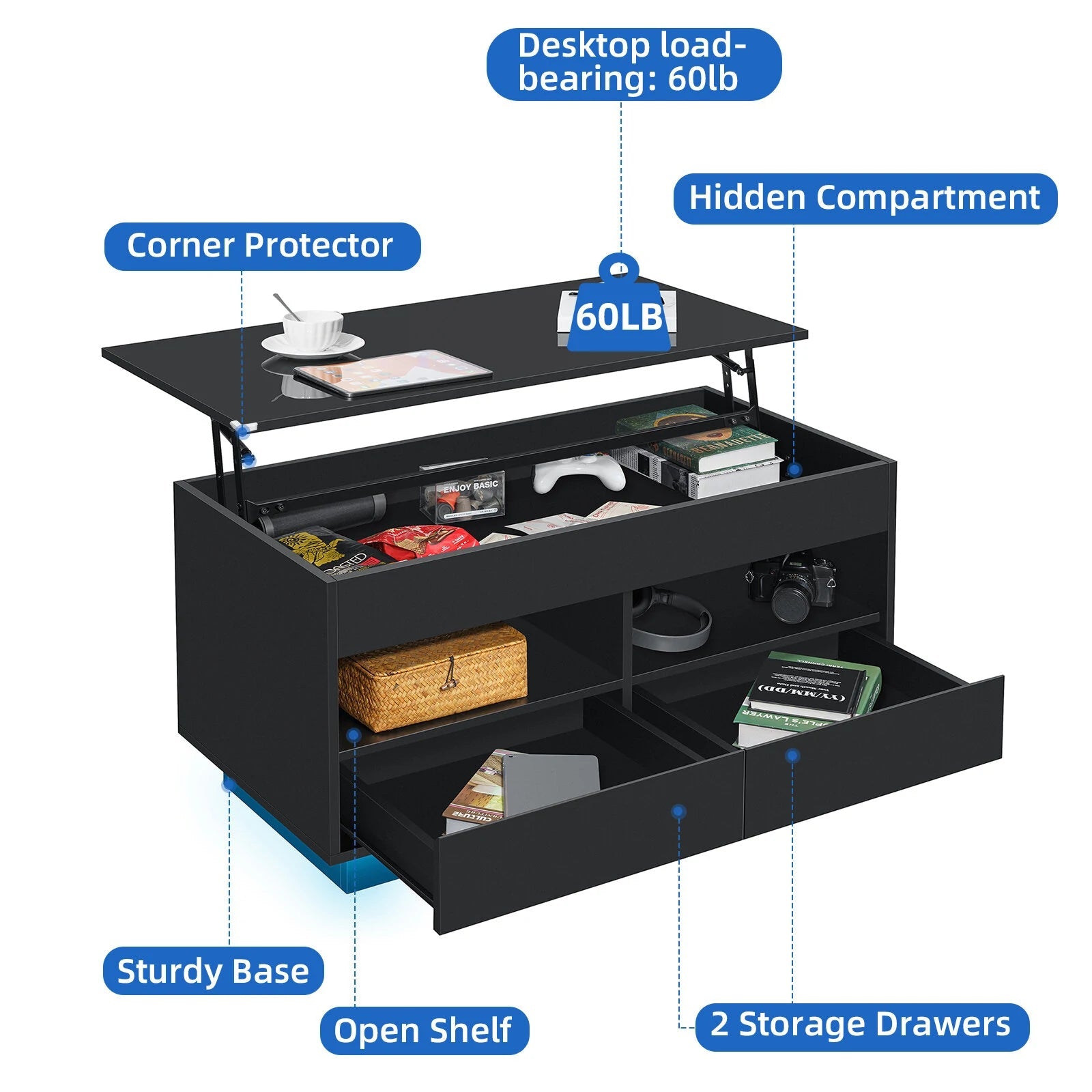Versatile Lift Top Coffee Table with LED Lights High Gloss Surface Storage Compartment Drawers Adjustable Height P2 Grade Particle Board Strong 220 lbs Capacity Ideal for Living Room Office Bedroom - Asmota