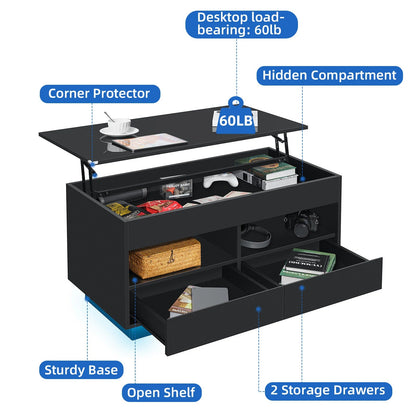 Versatile Lift Top Coffee Table with LED Lights High Gloss Surface Storage Compartment Drawers Adjustable Height P2 Grade Particle Board Strong 220 lbs Capacity Ideal for Living Room Office Bedroom - Asmota