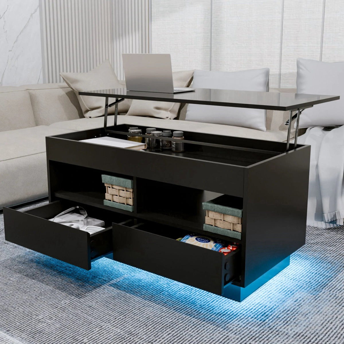 Versatile Lift Top Coffee Table with LED Lights High Gloss Surface Storage Compartment Drawers Adjustable Height P2 Grade Particle Board Strong 220 lbs Capacity Ideal for Living Room Office Bedroom - Asmota