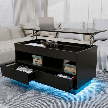 Versatile Lift Top Coffee Table with LED Lights High Gloss Surface Storage Compartment Drawers Adjustable Height P2 Grade Particle Board Strong 220 lbs Capacity Ideal for Living Room Office Bedroom - Asmota