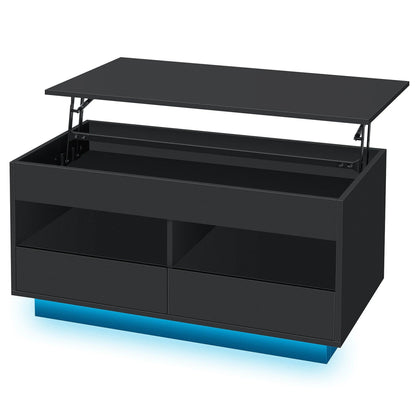 Versatile Lift Top Coffee Table with LED Lights High Gloss Surface Storage Compartment Drawers Adjustable Height P2 Grade Particle Board Strong 220 lbs Capacity Ideal for Living Room Office Bedroom - Asmota