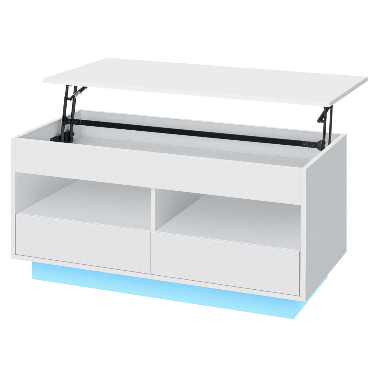 Versatile Lift Top Coffee Table with LED Lights High Gloss Surface Storage Compartment Drawers Adjustable Height P2 Grade Particle Board Strong 220 lbs Capacity Ideal for Living Room Office Bedroom - Asmota
