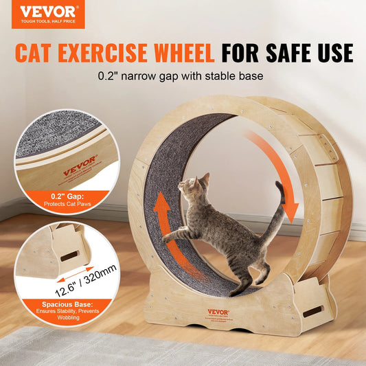 VEVOR Cat Exercise Wheel Natural Wood Silent Running Toy Treadmill Roller Wheel with Detachable Carpet for Most Cats Pet Fitness - Asmota