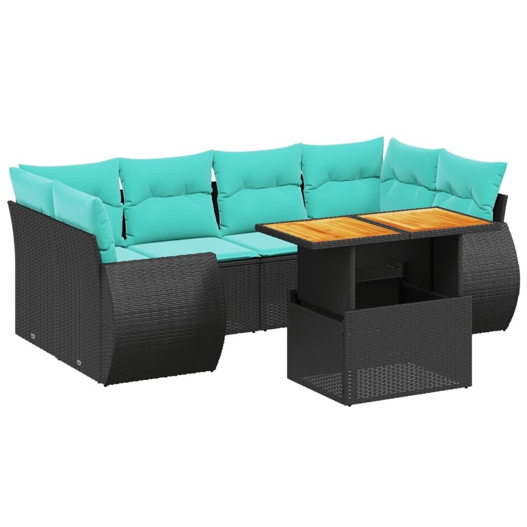 vidaXL 7 Piece Patio Sofa Set with Cushions Black Poly Rattan - Asmota