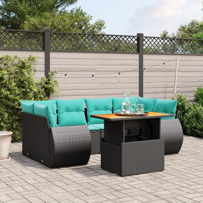 7 Piece Patio Sofa Set with Cushions Black Poly Rattan