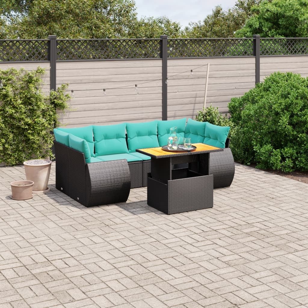 vidaXL 7 Piece Patio Sofa Set with Cushions Black Poly Rattan - Asmota