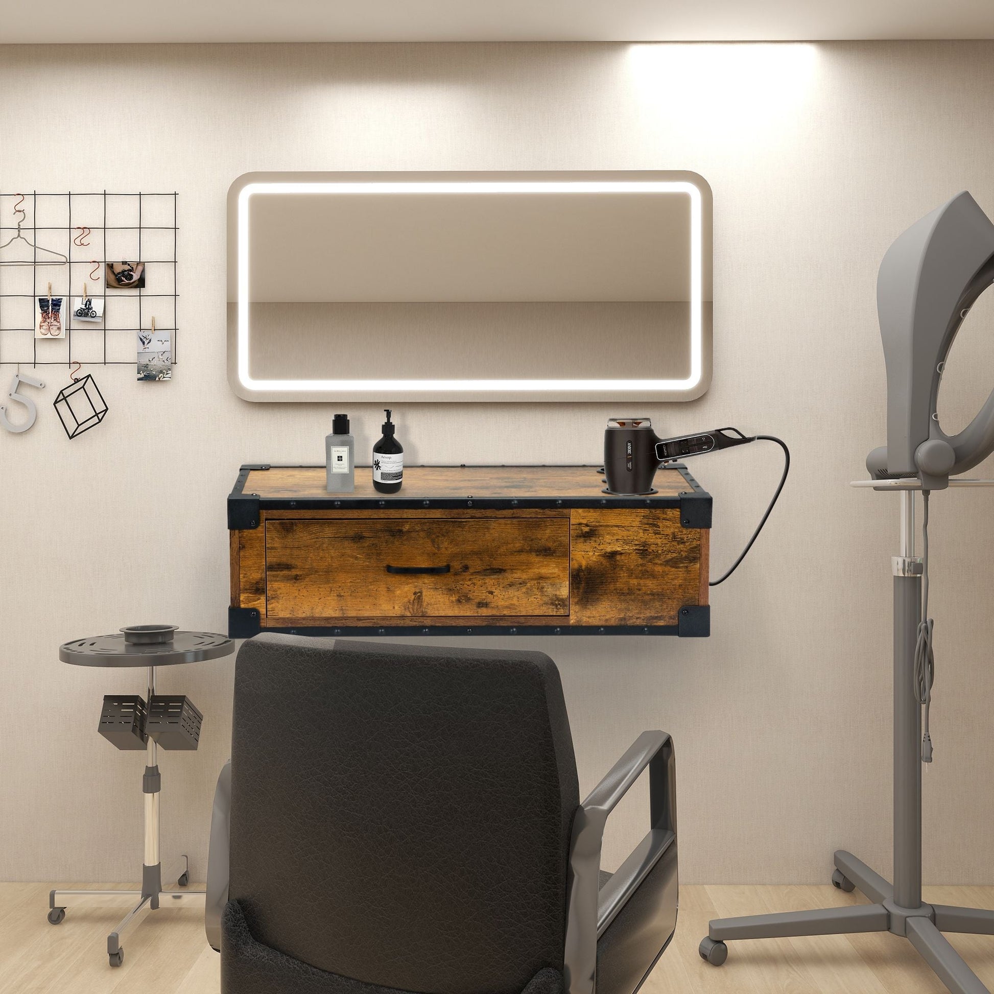 Wall - Mounted Wooden Salon Station; Beauty Styling Table; with 3 Holes for Hair Dryer; Curling Iron; Hair Straightener - Asmota