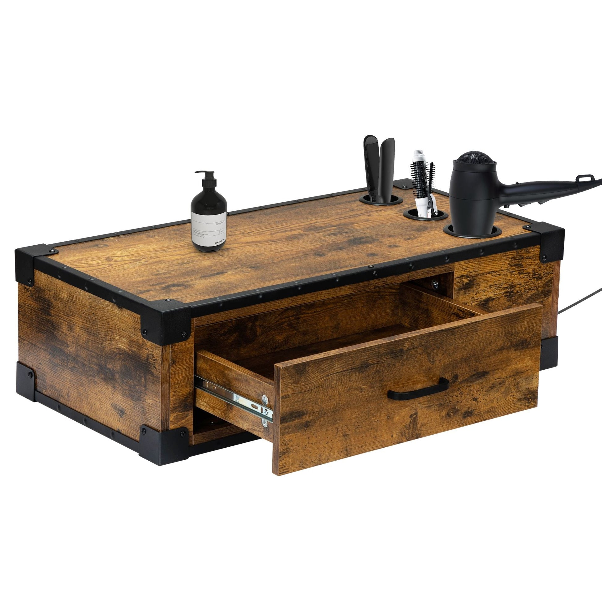 Wall - Mounted Wooden Salon Station; Beauty Styling Table; with 3 Holes for Hair Dryer; Curling Iron; Hair Straightener - Asmota