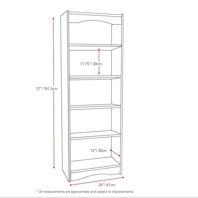 White 72 - inch High Bookcase with Soft Arches and 5 Shelves - Asmota