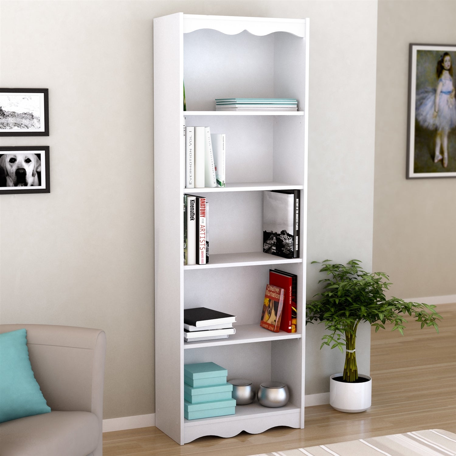 White 72 - inch High Bookcase with Soft Arches and 5 Shelves - Asmota