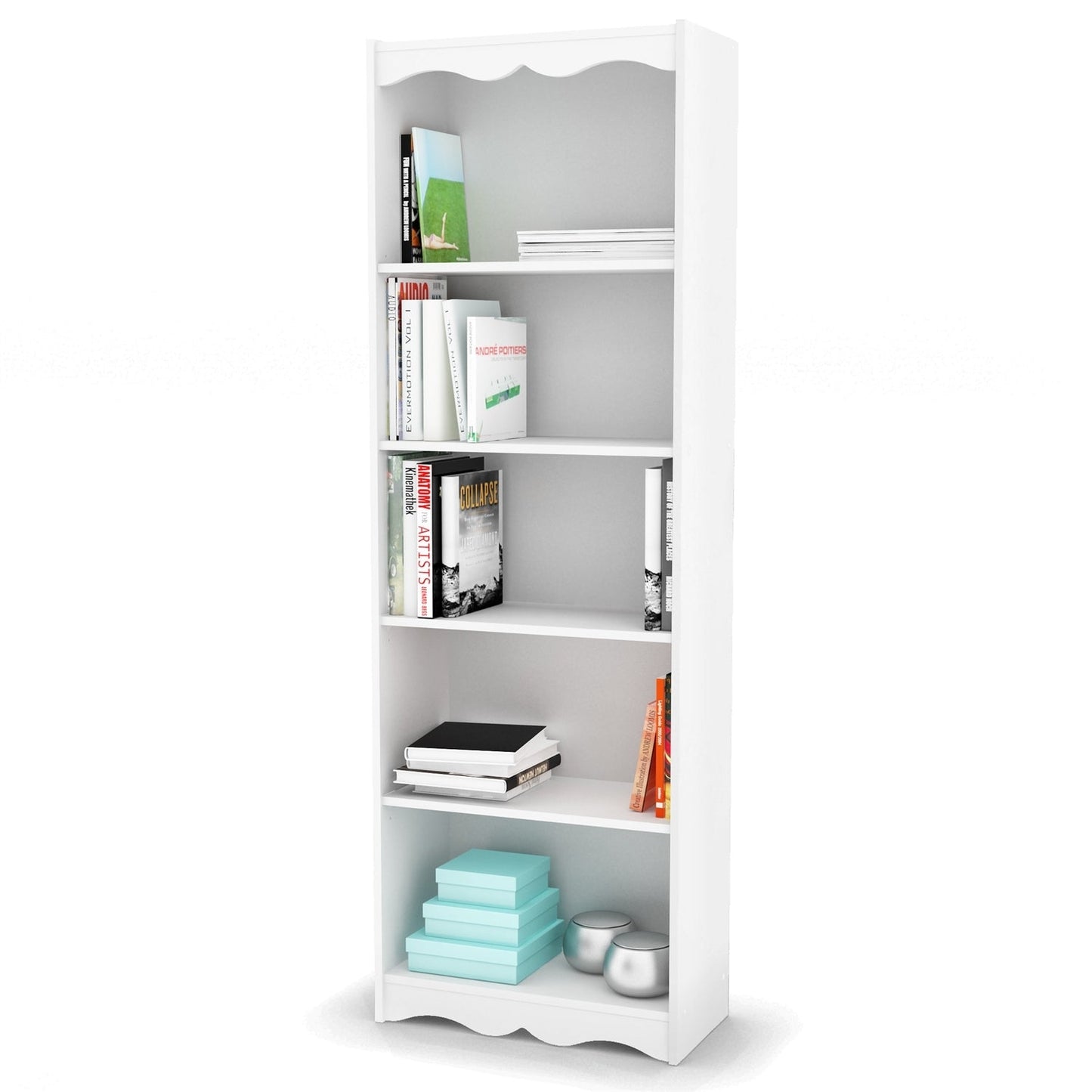 White 72 - inch High Bookcase with Soft Arches and 5 Shelves - Asmota