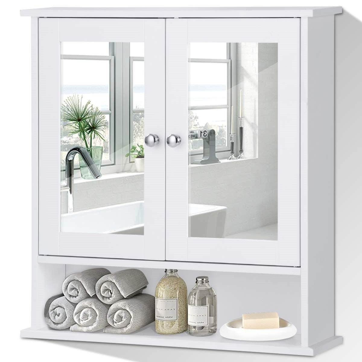 White Bathroom Wall Medicine Cabinet with Mirror and Open Shelf - Asmota