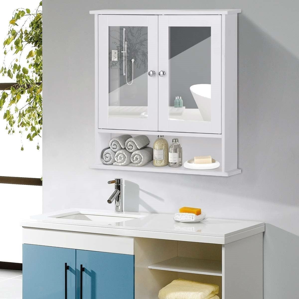 White Bathroom Wall Medicine Cabinet with Mirror and Open Shelf - Asmota
