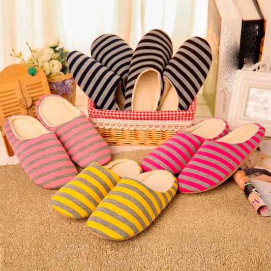 Women House Shoes 2023 Soft Striped Indoor Mute Cotton Slippers Non - Slip Slippers Warm Plush Unisex Comfort Home Floor Slipper - Asmota