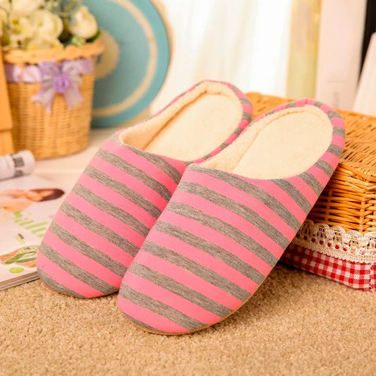 Women House Shoes 2023 Soft Striped Indoor Mute Cotton Slippers Non - Slip Slippers Warm Plush Unisex Comfort Home Floor Slipper - Asmota