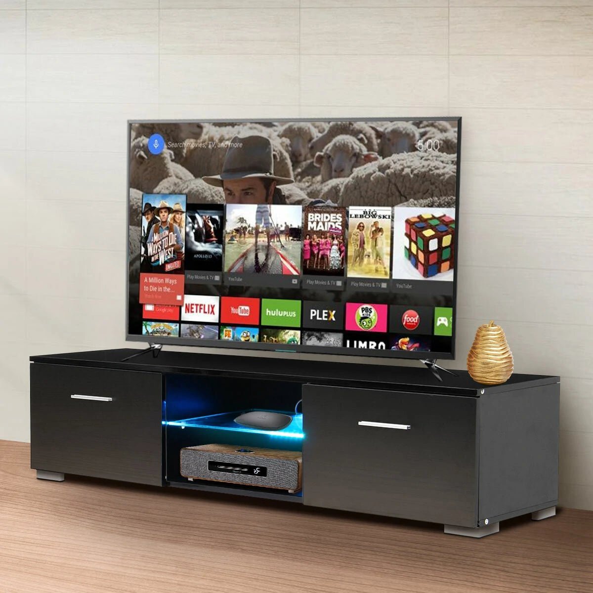 Woodyhome High Gloss TV Stand with LED Lights 2 Drawers Cabinet Unit Storage Entertainment for TVs up to 59 Inches - Asmota