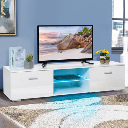 Woodyhome High Gloss TV Stand with LED Lights 2 Drawers Cabinet Unit Storage Entertainment for TVs up to 59 Inches - Asmota