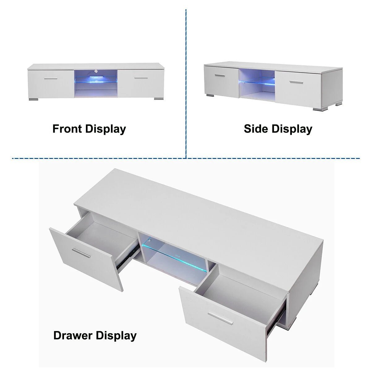 Woodyhome High Gloss TV Stand with LED Lights 2 Drawers Cabinet Unit Storage Entertainment for TVs up to 59 Inches - Asmota